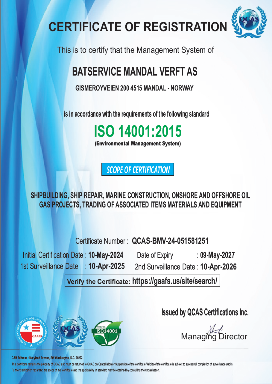 BATSERVICE MANDAL VERFT AS ISO 14001